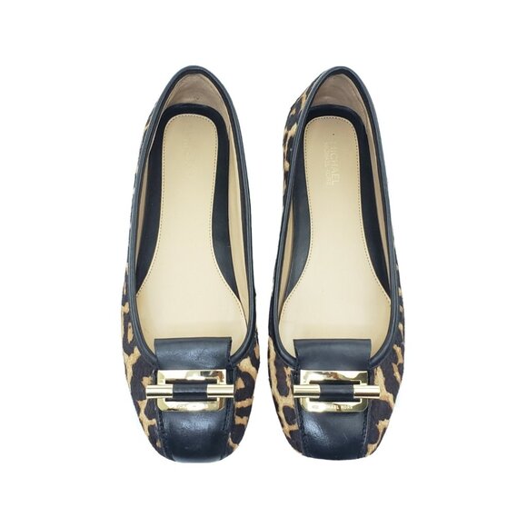 Michael Kors Gloria Leopard Haircalf Leather Ballet Flats Gold Buckle Size 7.5M - Picture 1 of 10